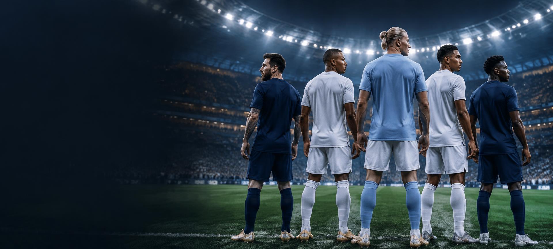 Five elite football players facing a European stadium at night